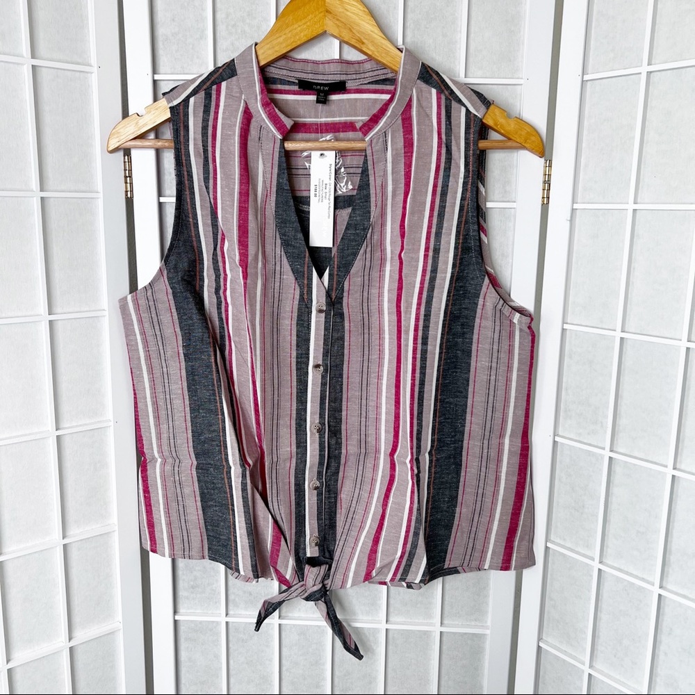 NWT DREW Rouge Tan Red Combo Stripe Linen Blend Tie-Front Sleeveless Top Medium